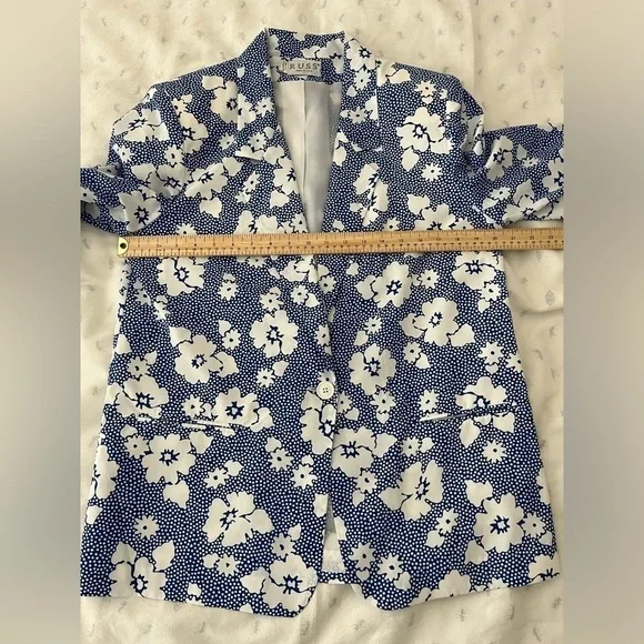 Vintage 80s Russ Union Made Lightweight Floral Blazer - Blue & White, Size 12 - Picture 14 of 15